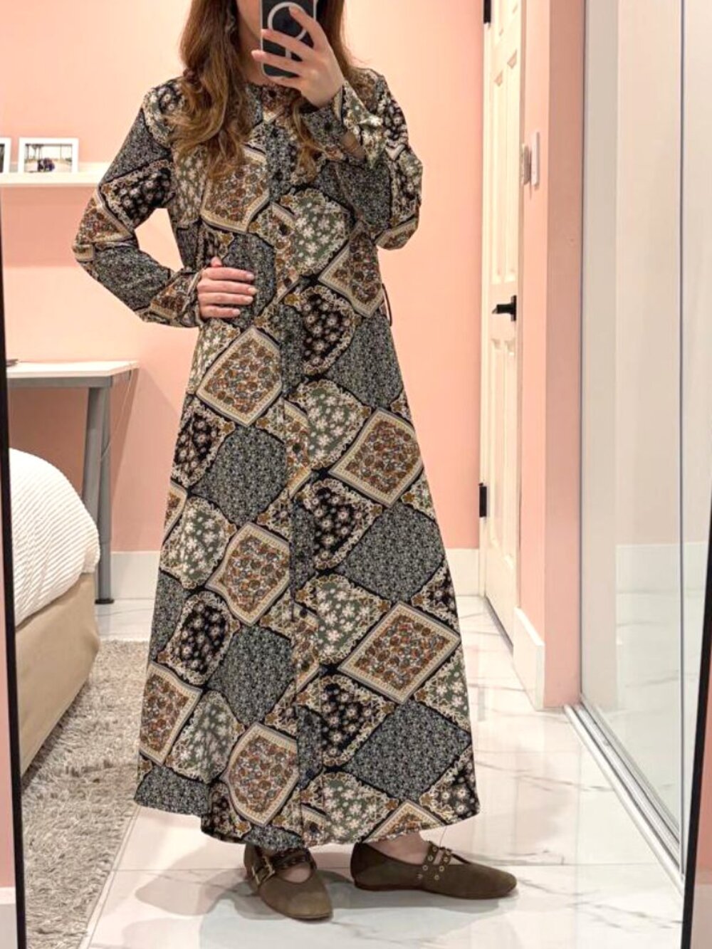 Mediterranean Paisley Print Long Sleeve Midi Shirtdress with Back Flap Detail
